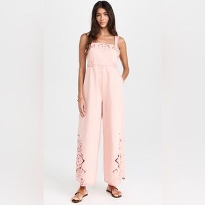 $350 Free People Pink Lace Detail Denim Jumpsuit Small Medium New